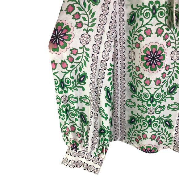 Tory Burch Kia Silk Blouse Wns Sz 0 White Floral Button Down Tie Neck 60's Calif - Picture 6 of 8